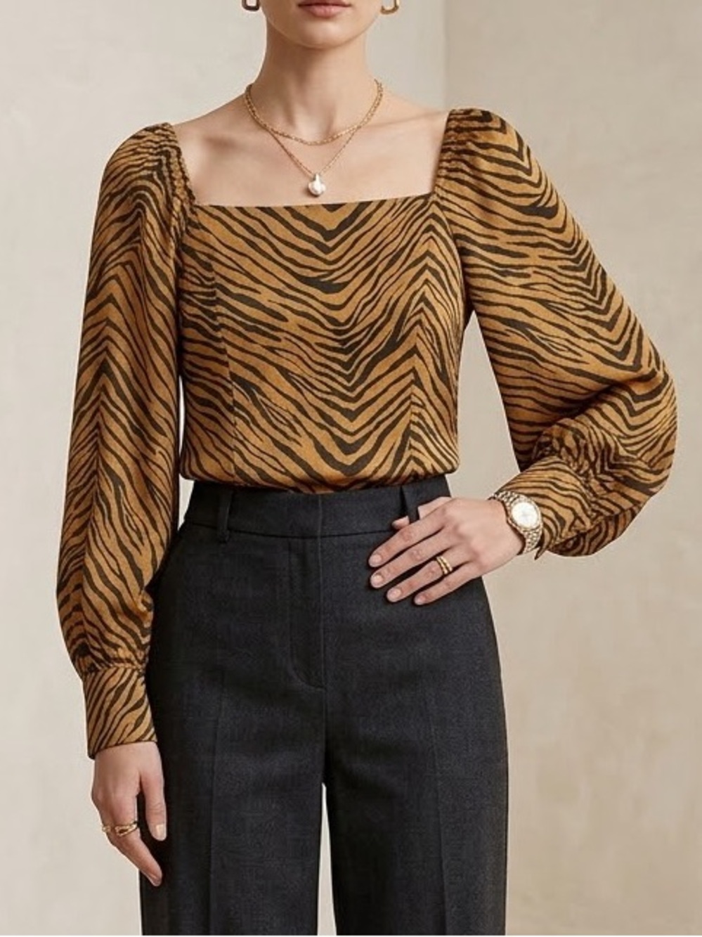 Ember Tiger Print Square Neck Lantern Sleeve Smocked Back Blouse Brown XL ST9369
